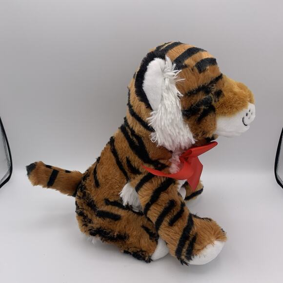 Floppy Seated Leopard Cub Tiger Soft Plush Stuffed Animal with Red Bow Stripes - Picture 4 of 9